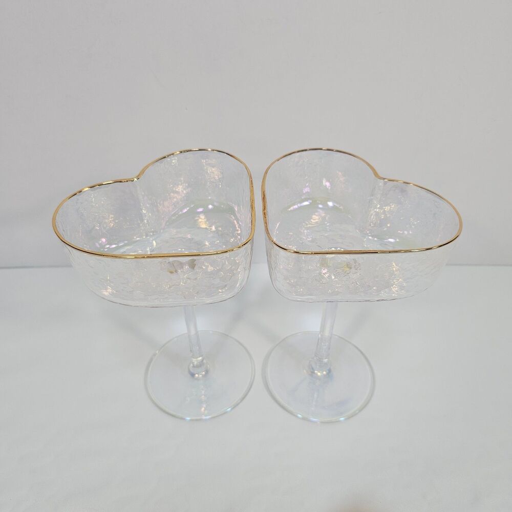 Iridescent Heart Shaped Cocktail Glasses Gold Rim Coupe Goblets Set of 2